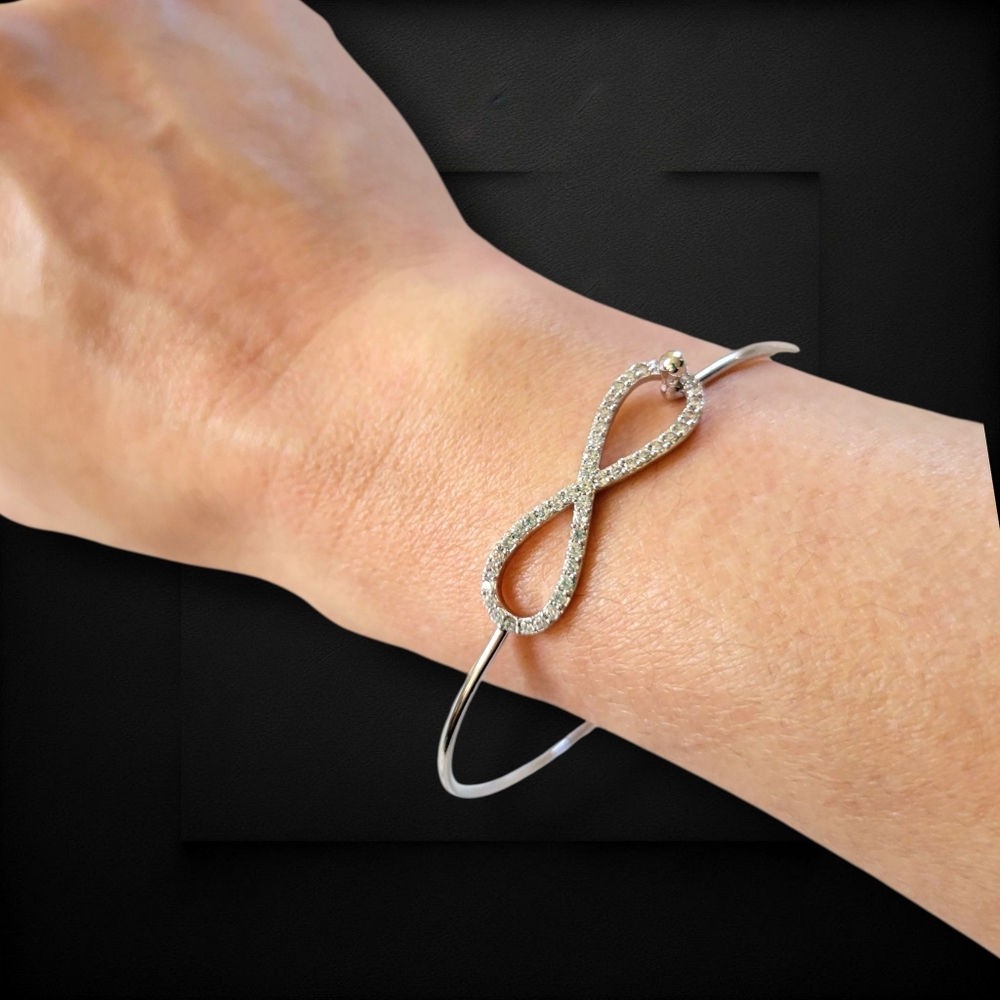 Dainty Silver Tone Crystal Rhinestone Infinity Wire Bangle Bracelet - Picture 2 of 9